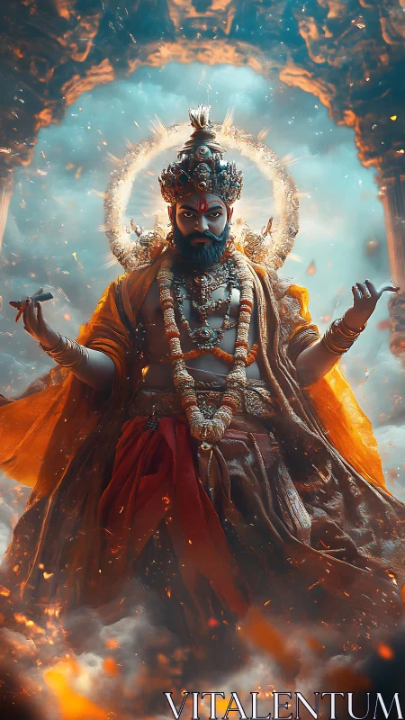 Divine warrior deity amid firelit clouds and radiant halo.