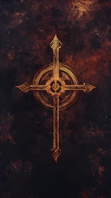 Engraved metallic cross with radial sigil on scorched textured field