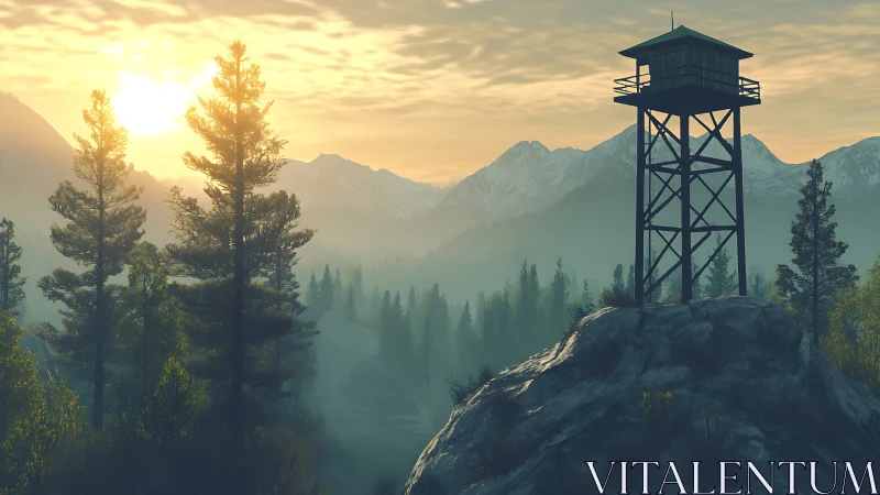 Sunlit mountain lookout tower above a misty forest valley.