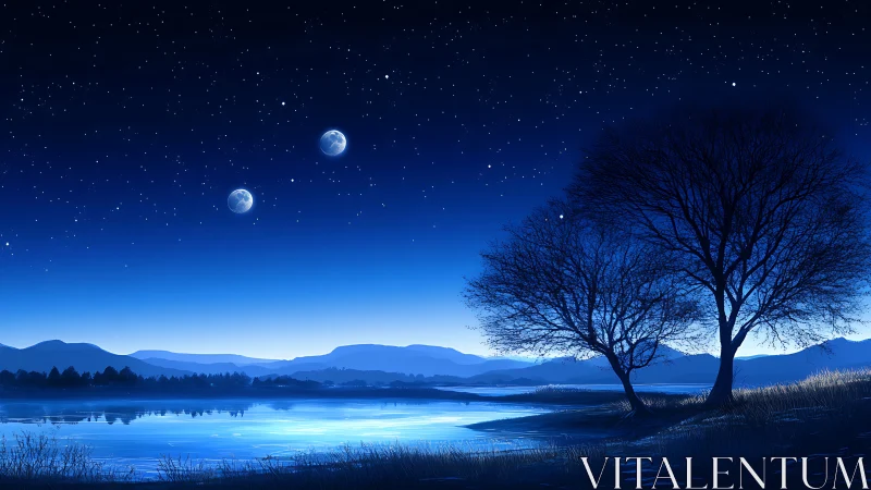 Dual moons over lacustrine horizon in nocturnal digital landscape.