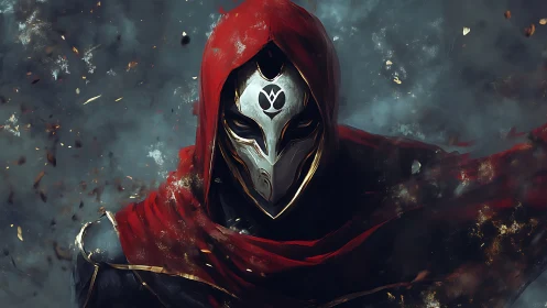 Hooded armored figure with mask in drifting particulate field.