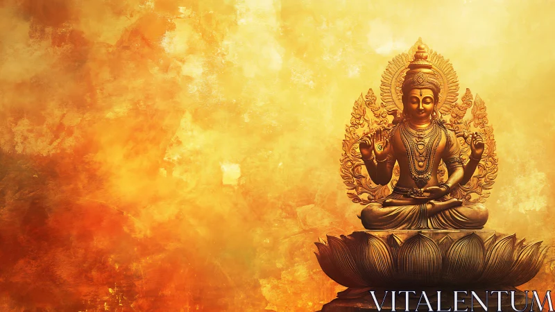 Golden serene deity seated on lotus in radiant light.