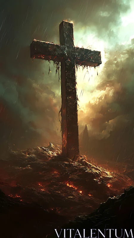 Burning cross stands over fiery wasteland under storm sky.