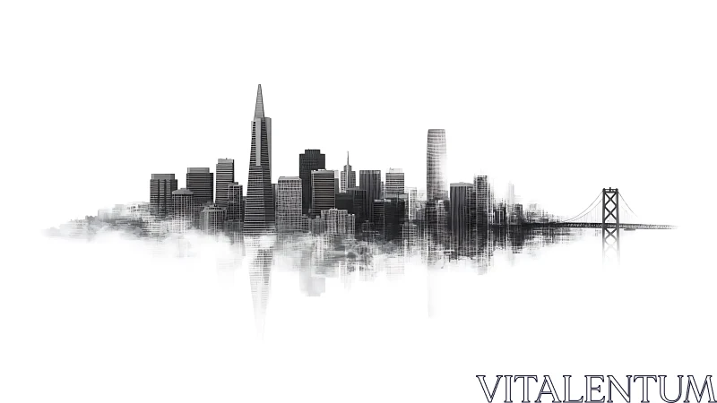 Monochrome city skyline with bridge and mist reflection.