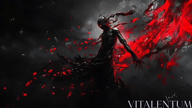 Shadow wraith unleashing red energy in stormed void.