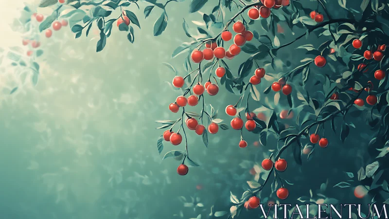 Sunlit cherry constellations drift through a teal forest hush