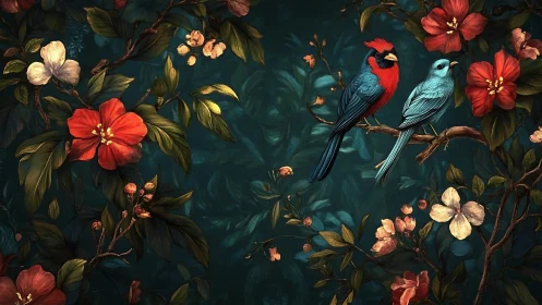 Colorful songbirds on flowering branches, vintage botanical art.