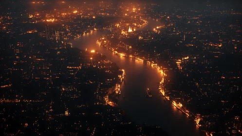 Riverside metropolis glows in dense nocturnal haze.