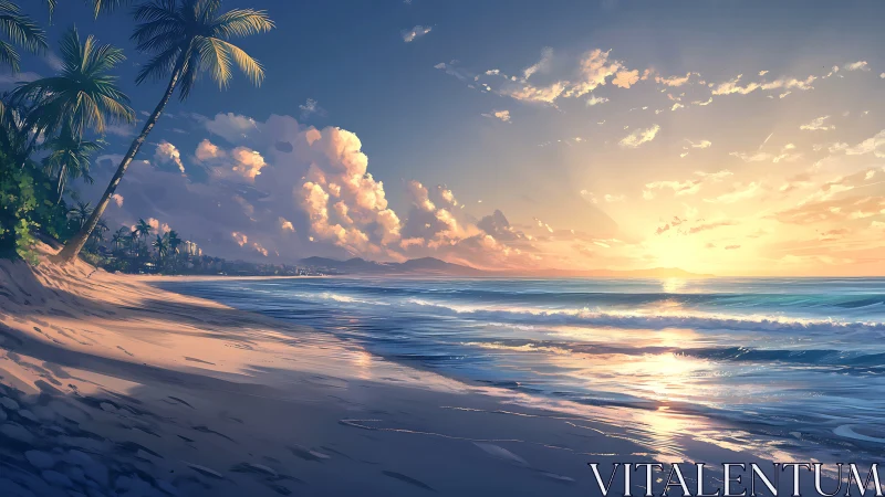 Sunlit tropical shoreline with calm waves at sunset.