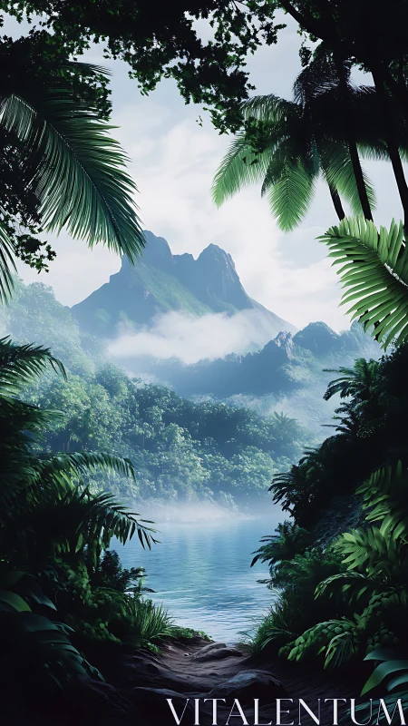 Digital painting of misted tropical lake and volcanic massif.