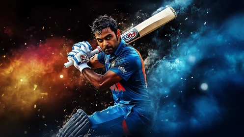 Cricket batsman in mid-swing with contrasting color clouds.