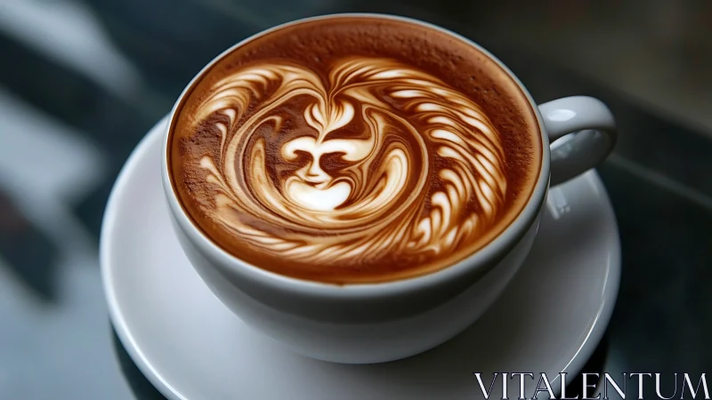 Latte in white cup with symmetrical brown and cream pattern.