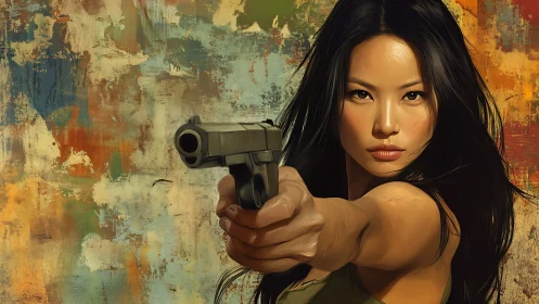 Ballistic perspective study of armed woman in motion freeze.