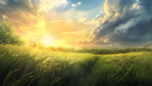 Golden sunrise gently warms a peaceful country meadow
