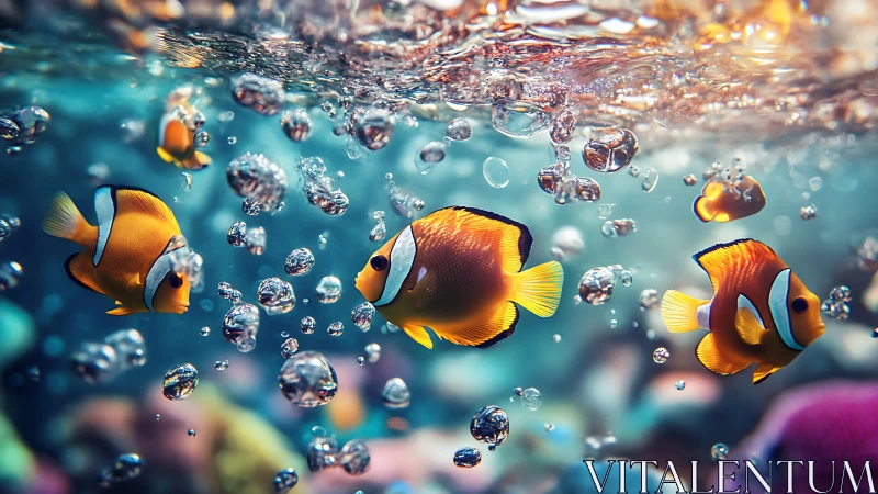 Playful clownfish drifting through a sparkling bubble storm.
