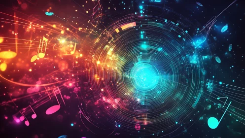 Music swirling through a neon cosmos of sound and light.