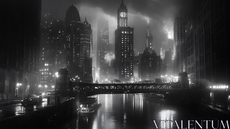 Midnight rain over clocktower canal in noir steel city.