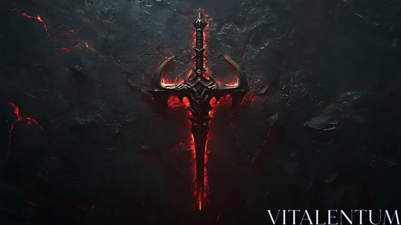 Dark metallic sword embedded in cracked glowing surface.