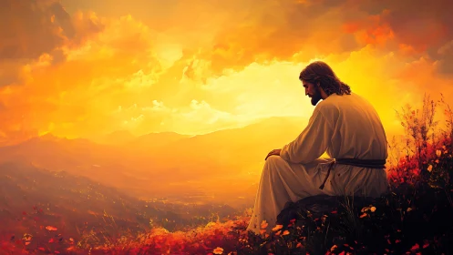 Digital painting of contemplative robed figure at sunset plateau.