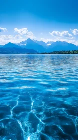 Mountain lake with rippled surface under clear blue sky.