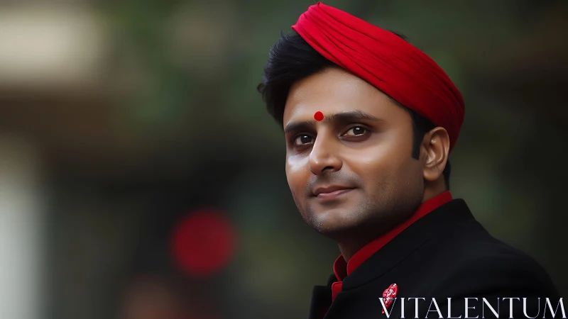 Portrait of Indian man in red turban with soft bokeh background.