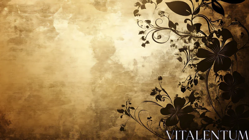 Floral silhouettes on textured golden abstract background.