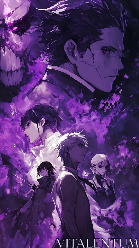 Dark anime ensemble with purple flames and looming skull.