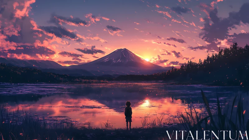 Child watching mountain sunset reflected on quiet lake.