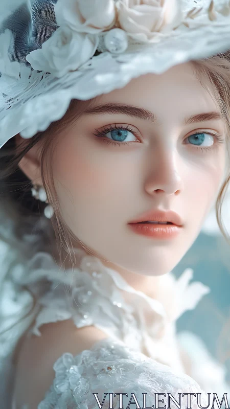 Graceful blue-eyed beauty in soft romantic lace and florals.