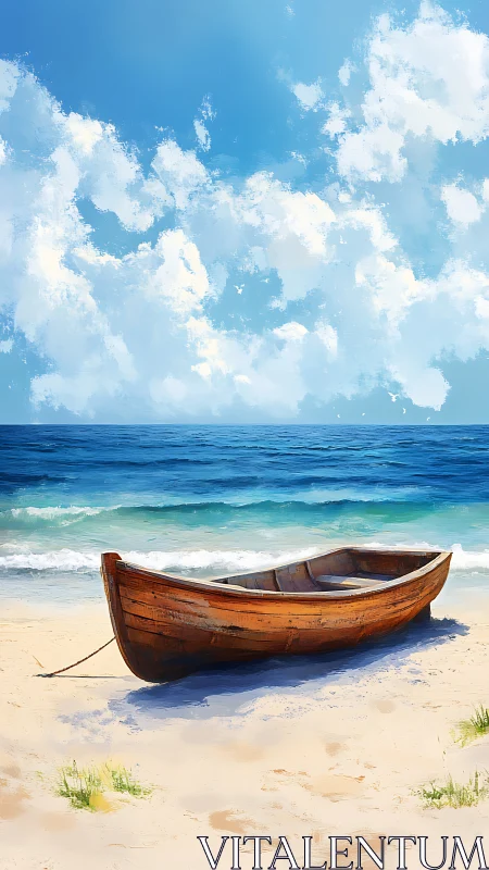 Weathered wooden boat rests quietly on a sunlit shore