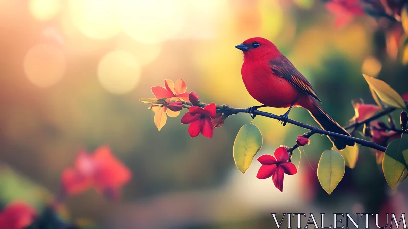 Vibrant red bird on blooming branch in dreamy sunlight bokeh.