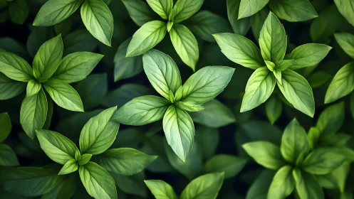 Fresh basil leaves forming lush radial green pattern.