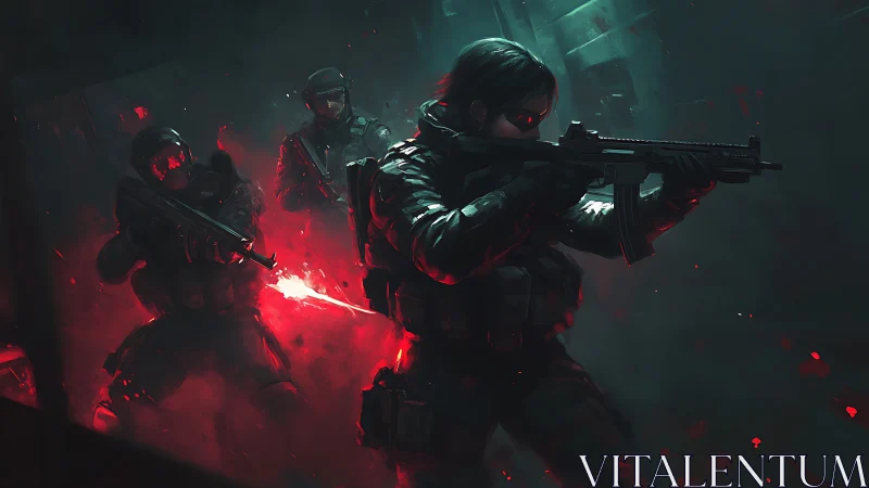 Tactical squad moves through neon-lit battle corridor.