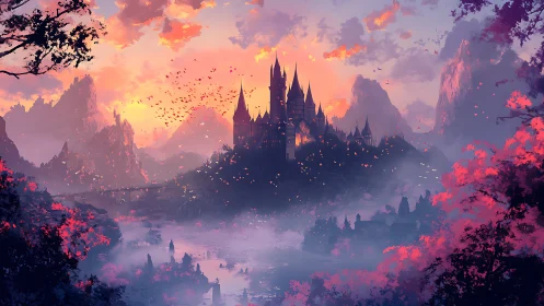 Sunlit gothic citadel overlooks mist-laden valley lake at dusk