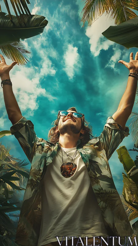 Joyful traveler soaking up tropical sunshine and blue skies.