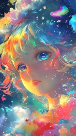 Portrait of luminous figure in multicolored cosmic clouds.