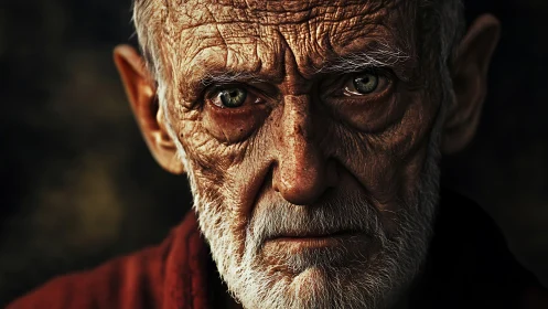 Weathered gaze of an old man carved in light and shadow.