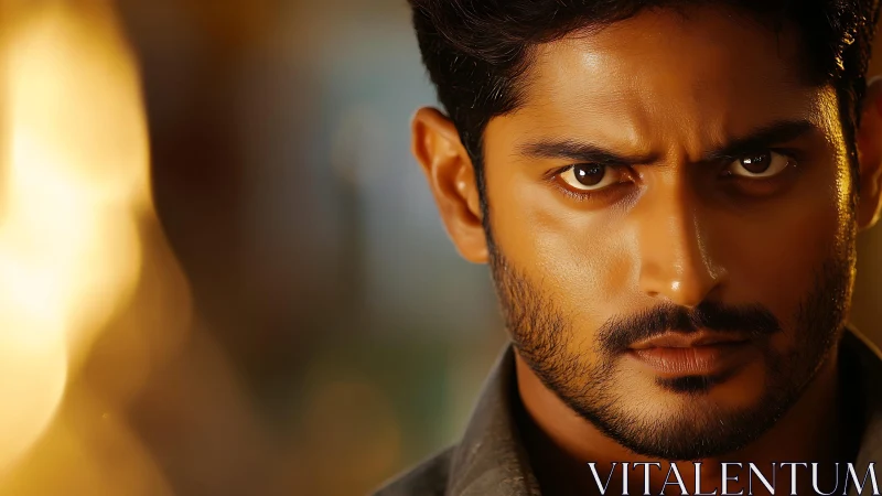 Close male portrait shows intense direct stare and sharp lighting