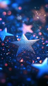 Glitter-coated star shapes lie in shallow, defocused field
