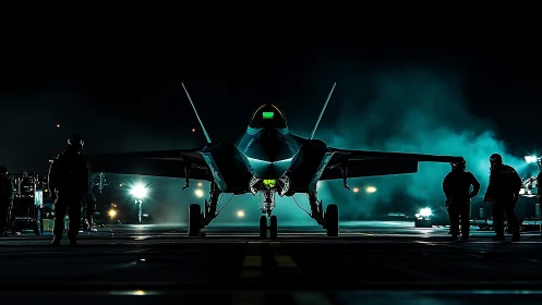 Stealth fighter poised on midnight runway with crew silhouettes.