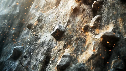 Sunlit rock wall with climbing anchors and fiery particles.