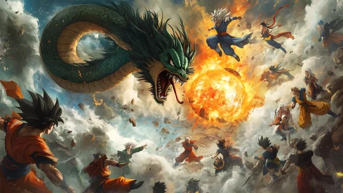 Mythic dragon dominates chaotic anime sky battle scene