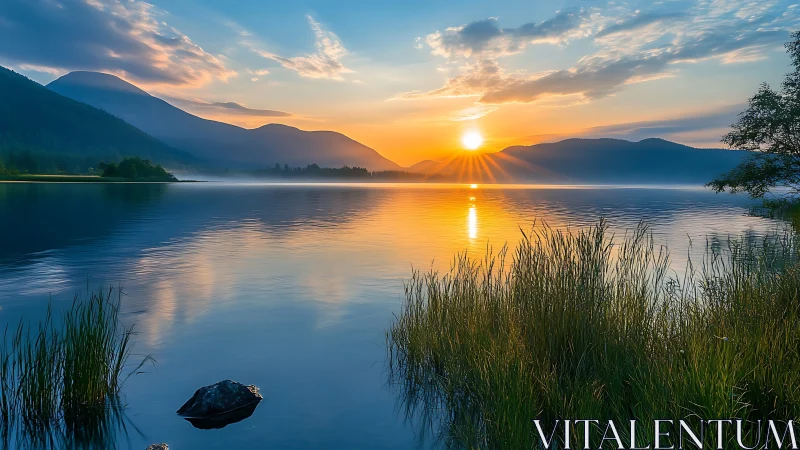 Sunrise over calm mountain lake with reflective water surface.