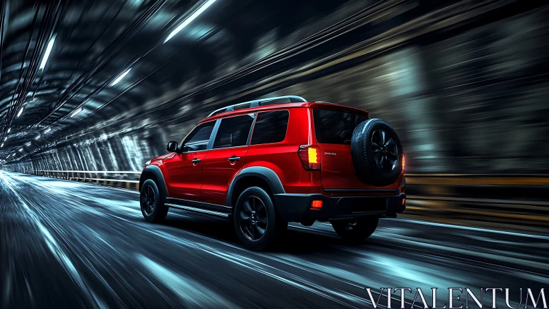 Red SUV driving through illuminated urban tunnel at speed.