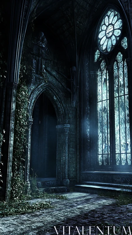 Gothic cathedral ruin with stained glass and creeping ivy.