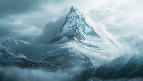 Snow-covered mountain peak rises above dense surrounding clouds