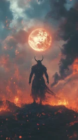 Horned shadow strides beneath a bleeding lunar inferno