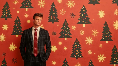 Businessman stands before festive Christmas tree backdrop