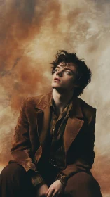 Photorealistic portrait in sepia-toned studio fashion composition.