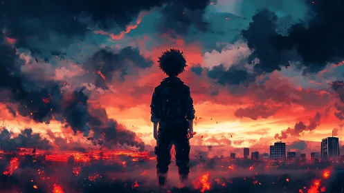 Silhouetted figure observing burning city at dramatic sunset.